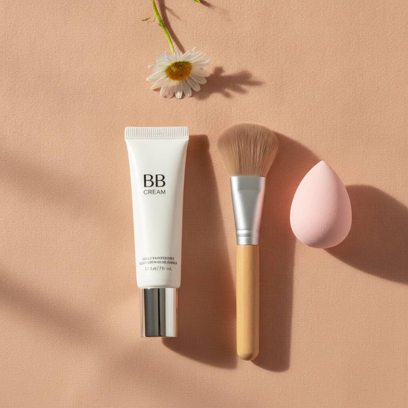 A beautiful flat lay of drugstore makeup products including BB creams, sponges, and brushes on a clean pastel surface.