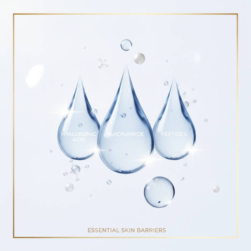 Key skincare ingredients like hyaluronic acid and peptides in a clean layout