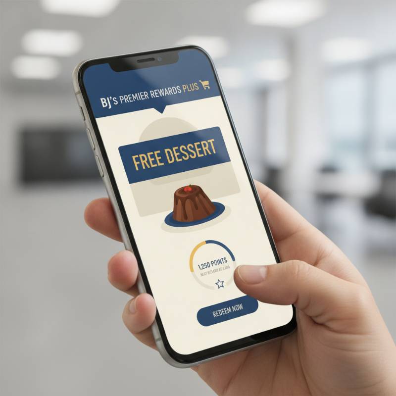 A smartphone showing the BJ's Restaurant rewards app with a free Pizookie coupon.
