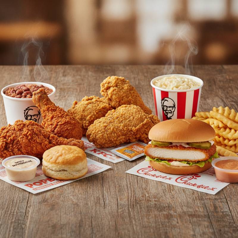Plated chicken meals from Popeyes, KFC, and Chick-fil-A arranged side-by-side