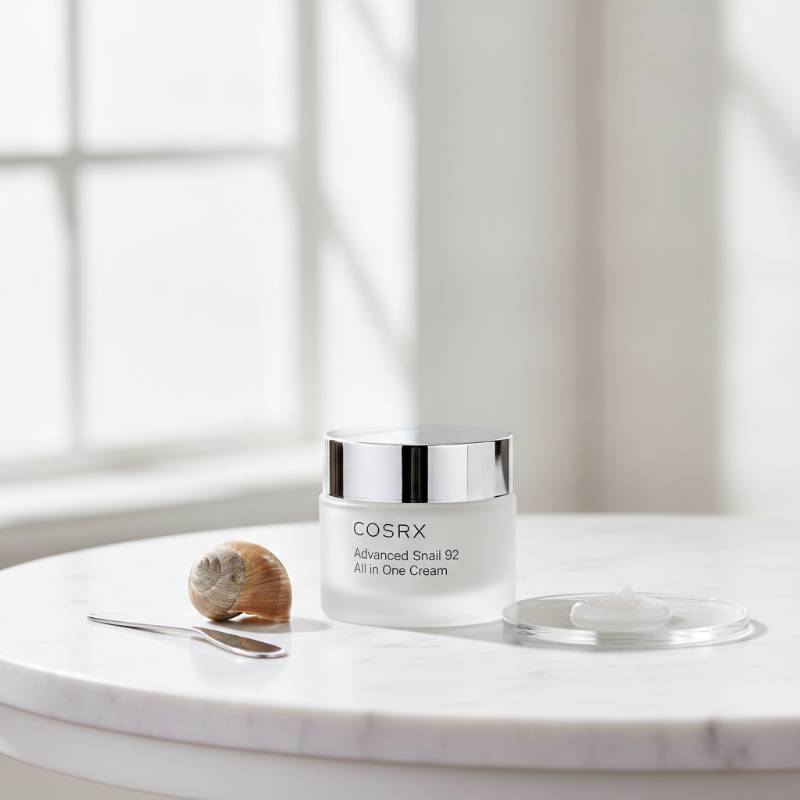 A jar of COSRX Advanced Snail 92 All in One Cream on a clean white background with soft shadows