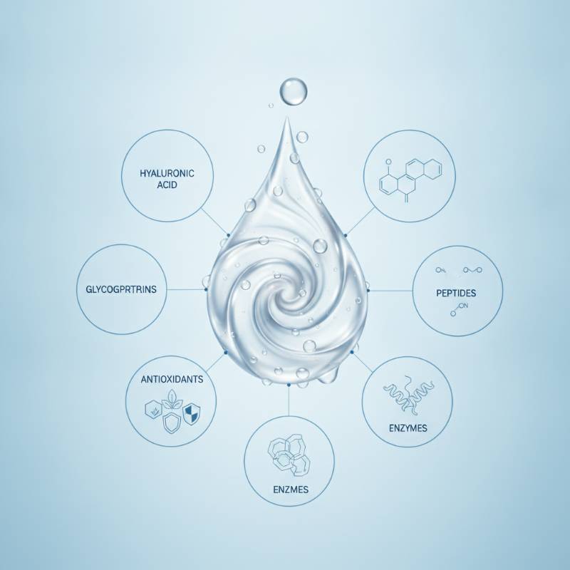 A graphic showing key skincare ingredients like snail mucin and hyaluronic acid with water droplets