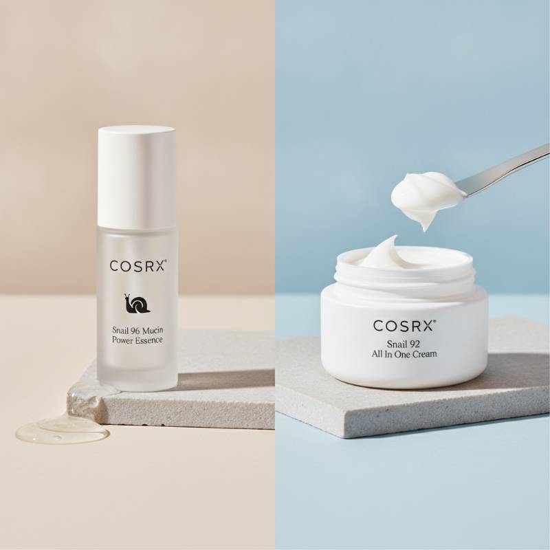 Side-by-side comparison of COSRX Snail Mucin Essence and Cream jars