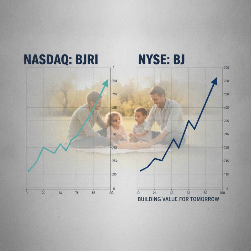 A conceptual graphic displaying the stock ticker symbols BJRI and BJ with the name Beverly Jean.