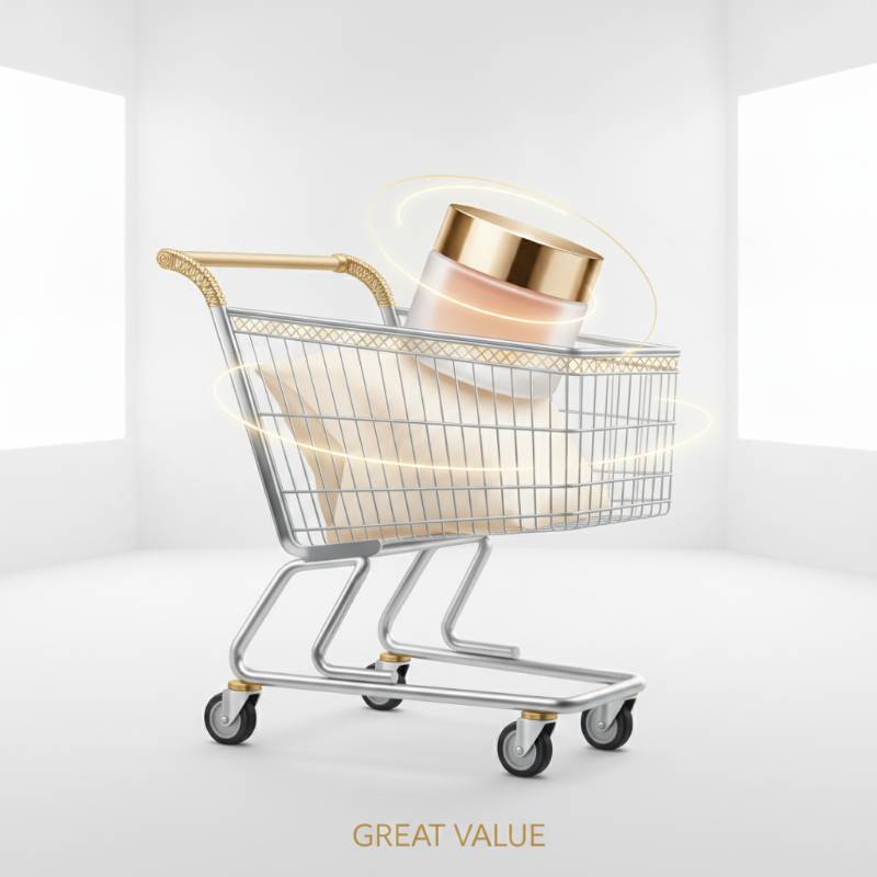A shopping cart with a jar of cream and dollar signs