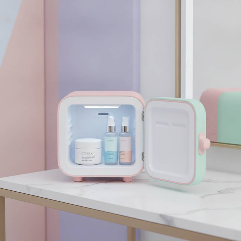 Skincare jar stored in a mini beauty fridge