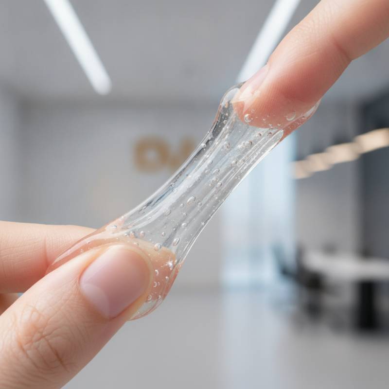 Close up of slimy gel texture being stretched between fingers