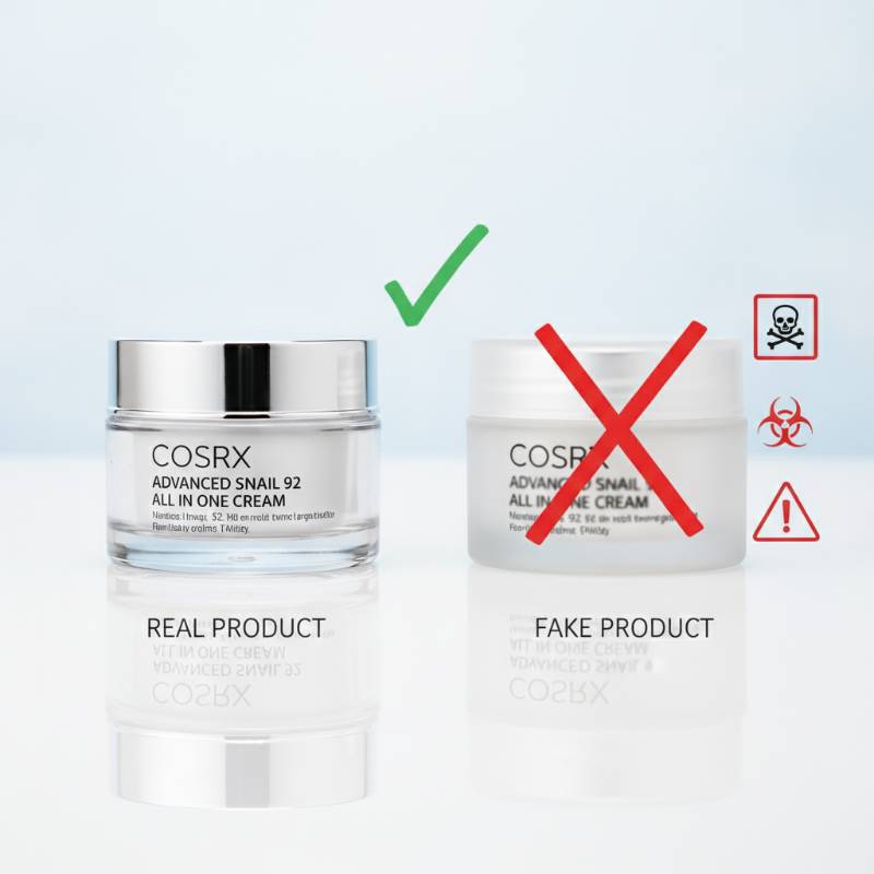 Real vs fake skincare product comparison with warning symbols