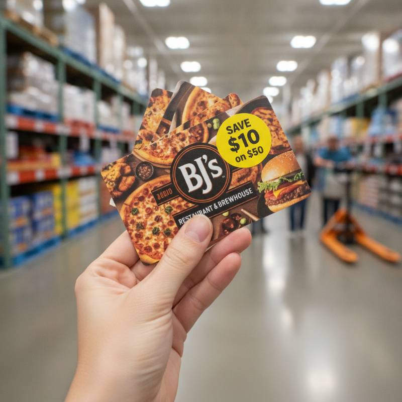 A person holding discounted BJ's Restaurant gift cards purchased at a BJ's Wholesale Club.