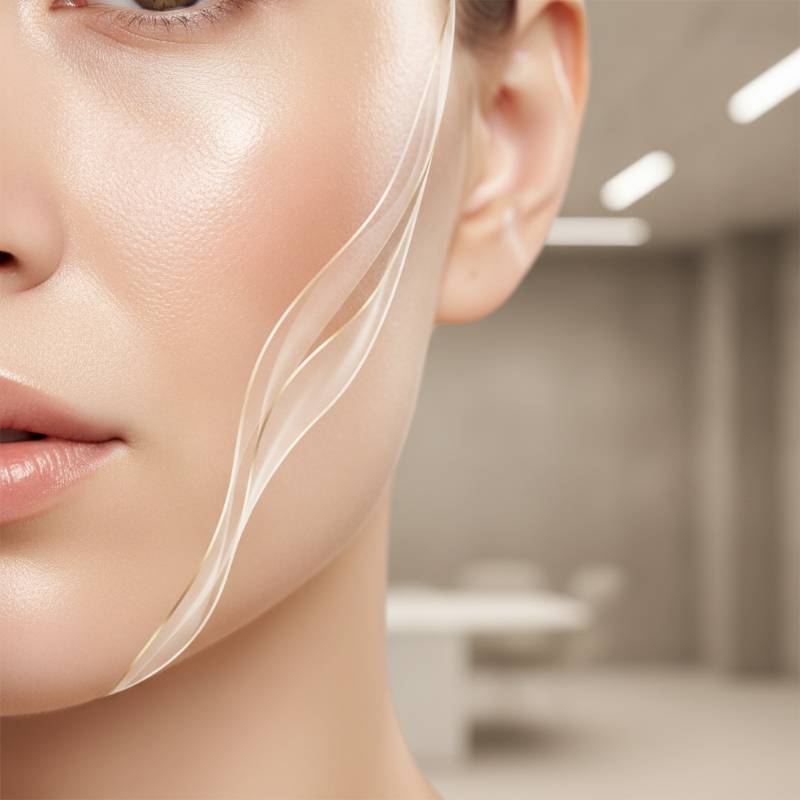 A close-up of a woman's face with extremely smooth, glowing, and hydrated Korean glass skin.