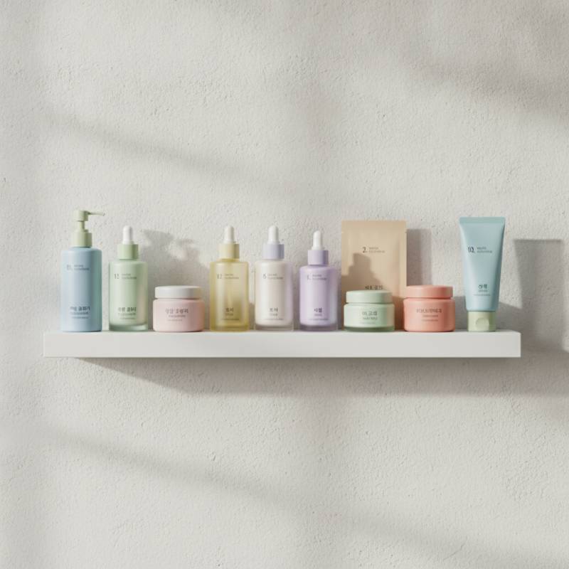 Ten simple skincare bottles neatly arranged on a clean white shelf.