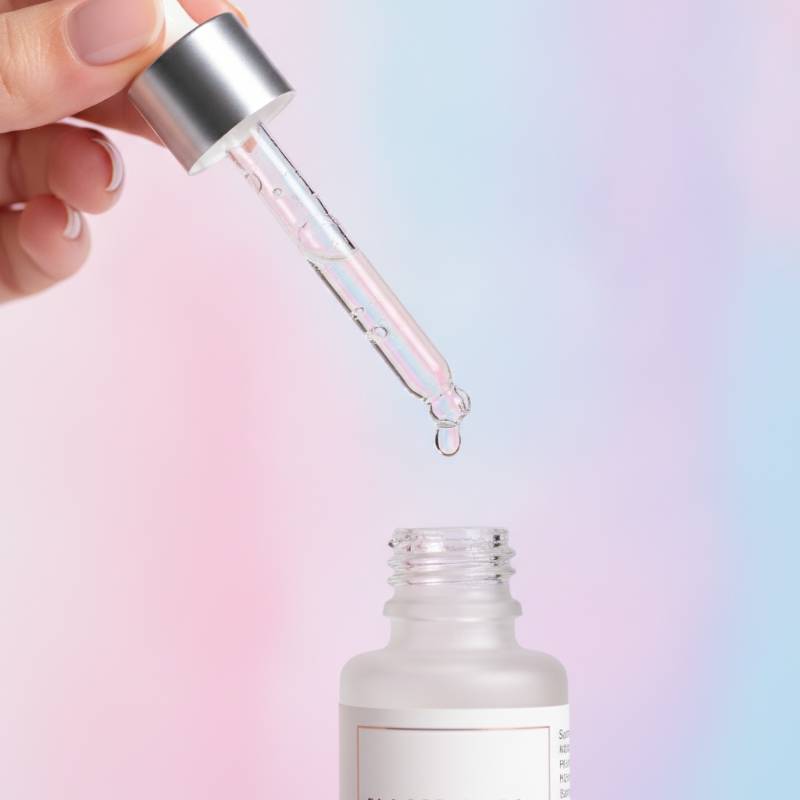 A hand holding a dropper with a clear hydrating face serum.