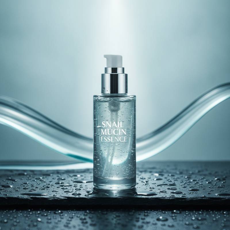 A clear, glass bottle of snail mucin essence on a wet surface.