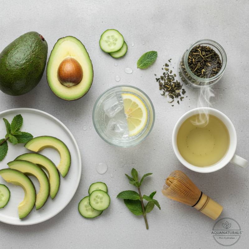 A tall glass of fresh water next to a bowl of green avocados.