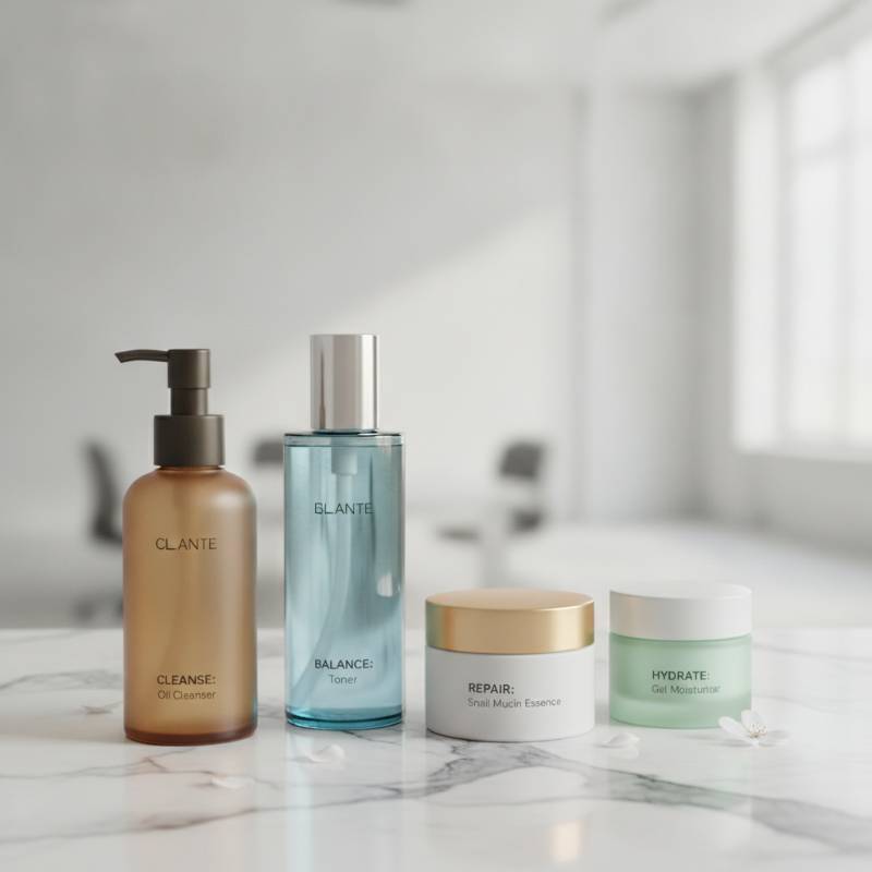 A collection of top-rated Korean glass skin products on a clean bathroom counter.