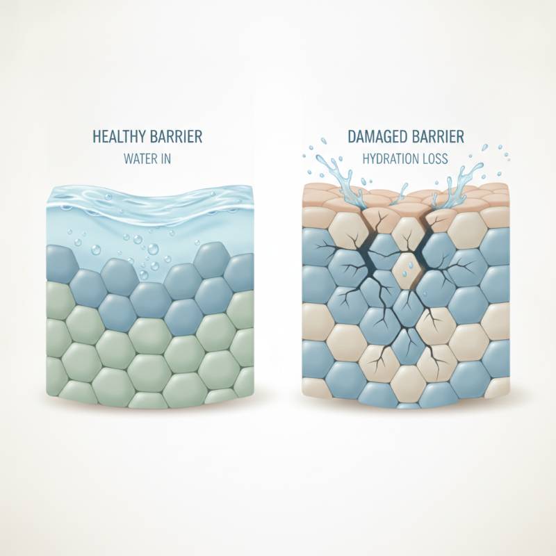 A diagram or visual representation of a healthy skin barrier versus a damaged skin barrier.
