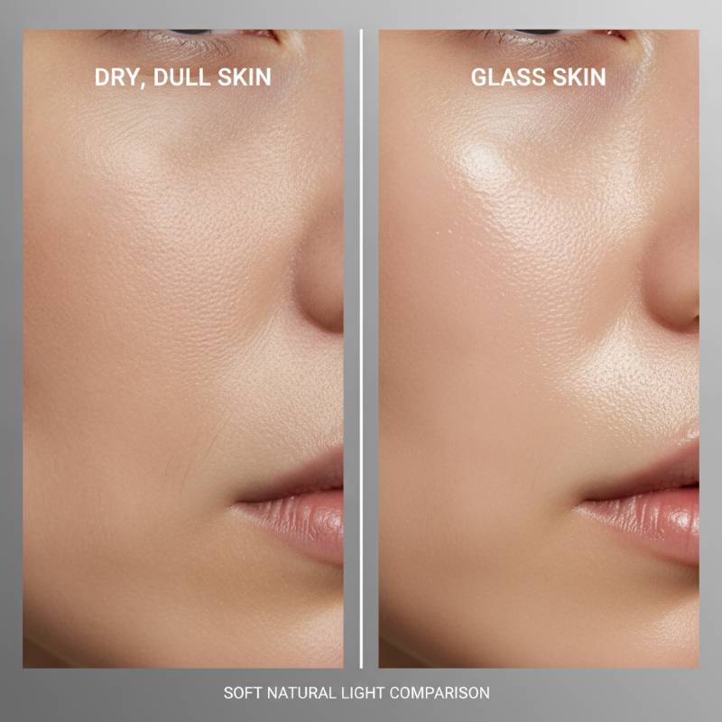 Side-by-side comparison of dry skin versus hydrated glass skin.