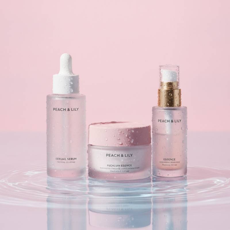 A beautiful display of Peach & Lily skincare products on a clean, light-reflective surface showing a glass-like glow