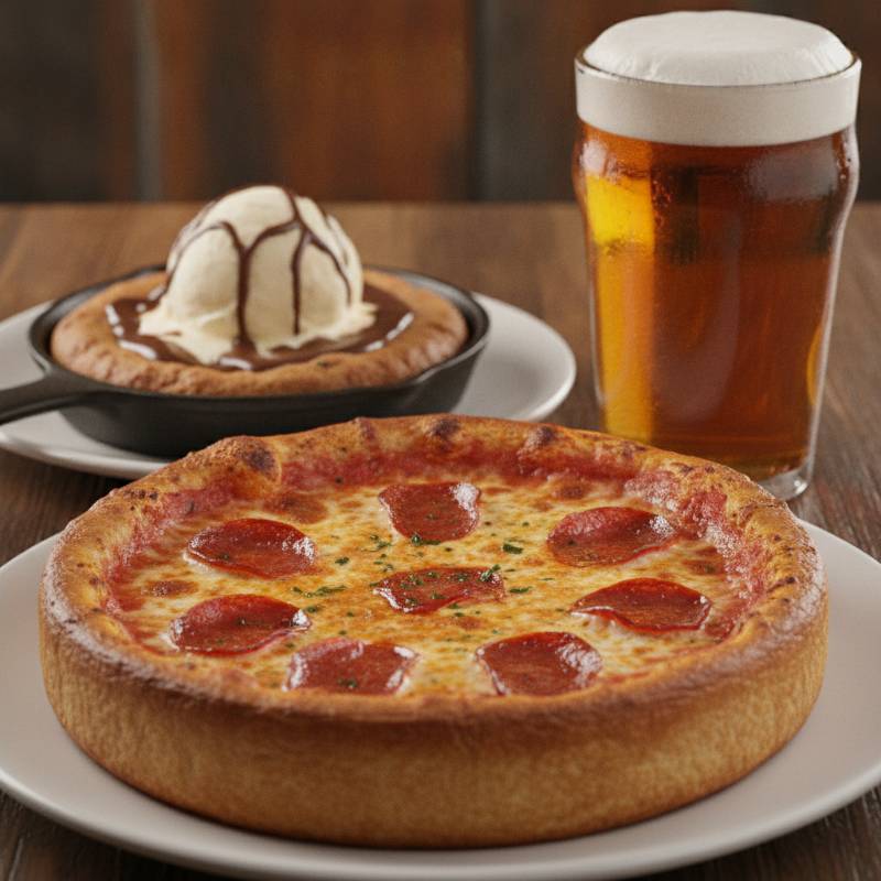 A fresh BJ's Restaurant deep-dish pizza, a pint of craft beer, and a warm chocolate chip Pizookie with melting vanilla ice cream.