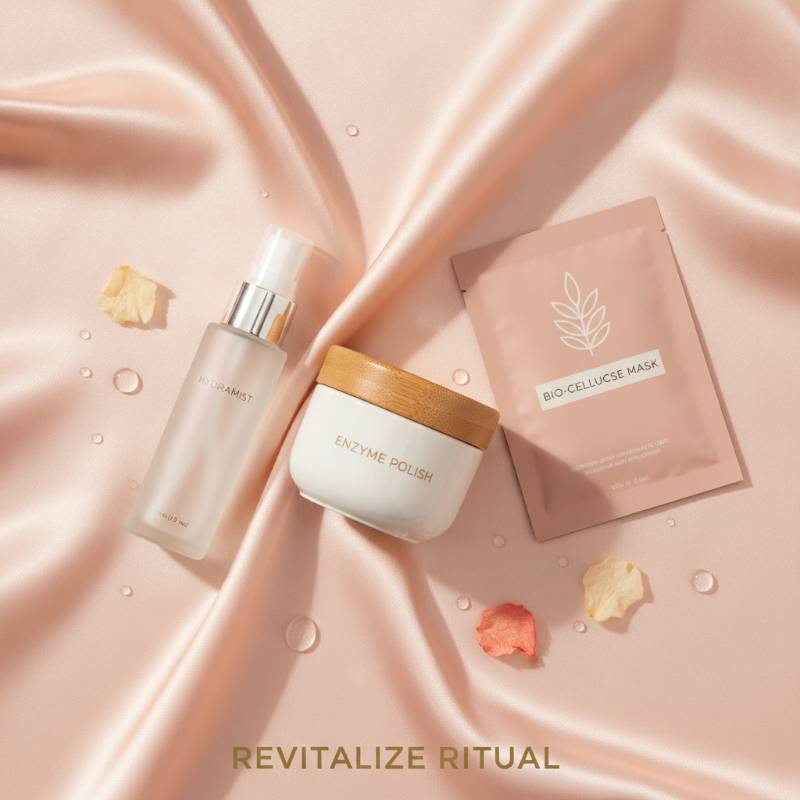 A collection of specialized Peach & Lily skincare products including mist and face mask