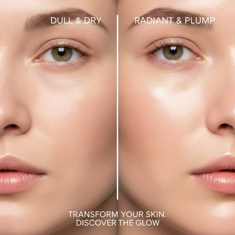 Side by side comparison of dull skin versus clear glass skin