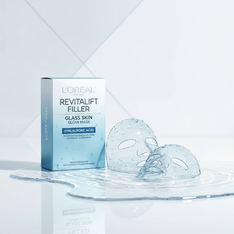 L'Oreal Glass Skin Hydrogel Mask packaging on a clean white surface with water droplets