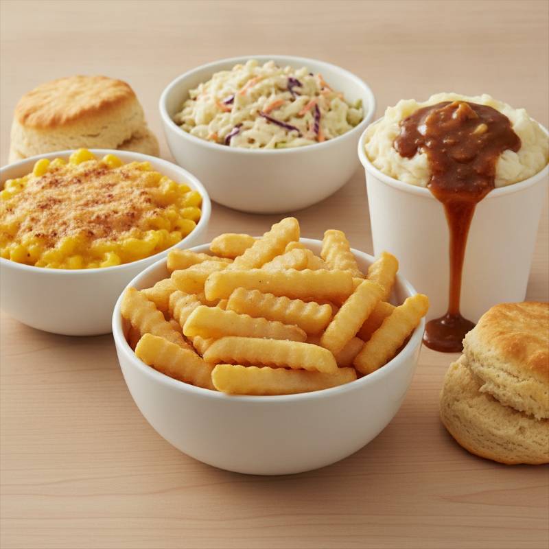 A spread of popular KFC sides including Secret Recipe Fries, mashed potatoes with gravy, mac and cheese, coleslaw, and biscuits.