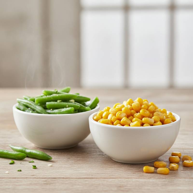Healthy KFC sides including green beans and whole kernel sweet corn on a clean white background.