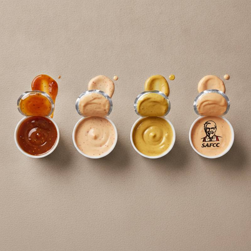 An array of KFC dipping sauces in small plastic cups including KFC Sauce, Honey BBQ, and Buffalo Ranch.