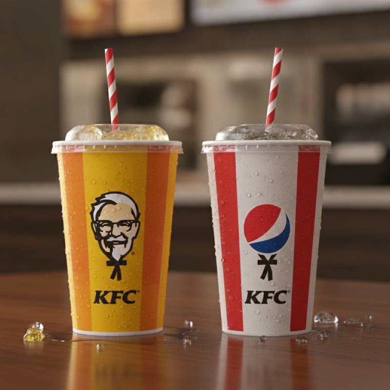 KFC fountain drinks including Pepsi and Mountain Dew Sweet Lightning in paper cups with straws.
