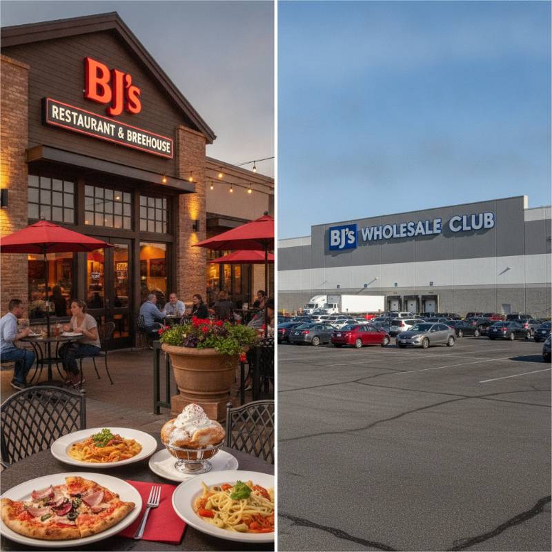 A side-by-side comparison of a cozy BJ's Restaurant storefront and a large BJ's Wholesale Club warehouse building.
