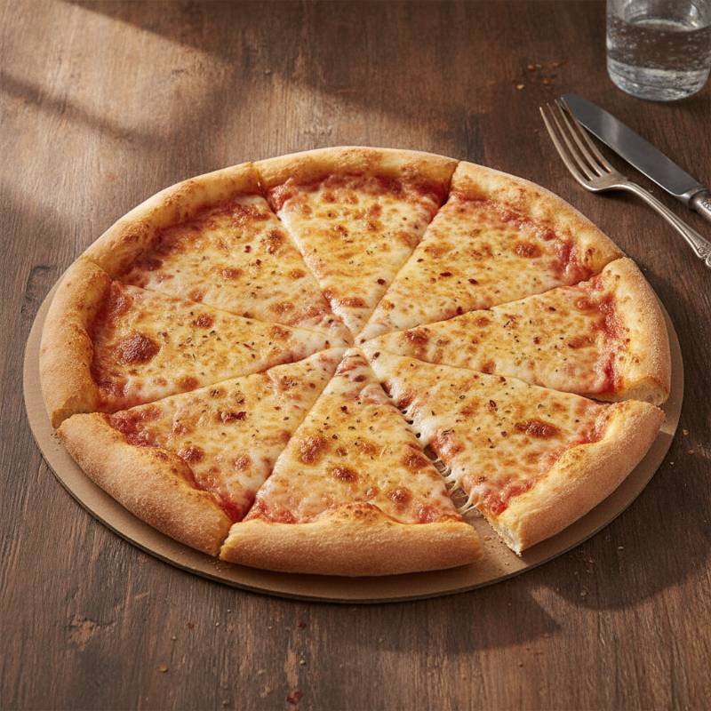 A fresh medium-sized Domino's pizza cut into eight equal slices on a wooden table.