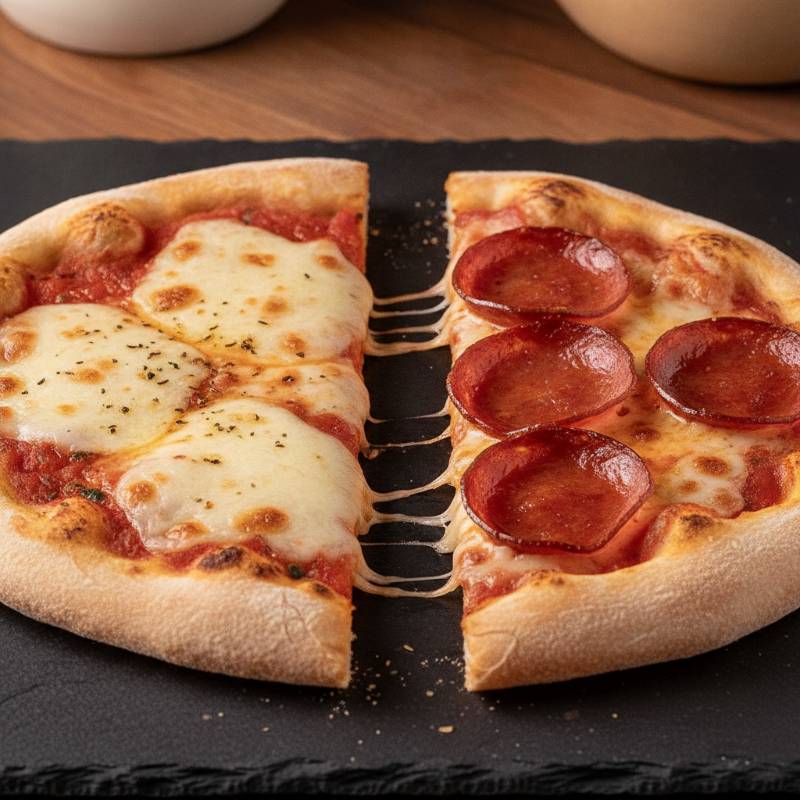 A side-by-side shot of Domino's cheese and pepperoni pizza slices.