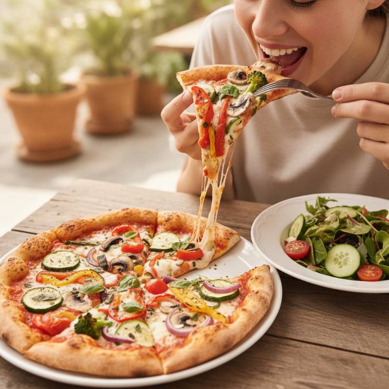 A person enjoying a single slice of thin crust pizza with a fresh side salad.