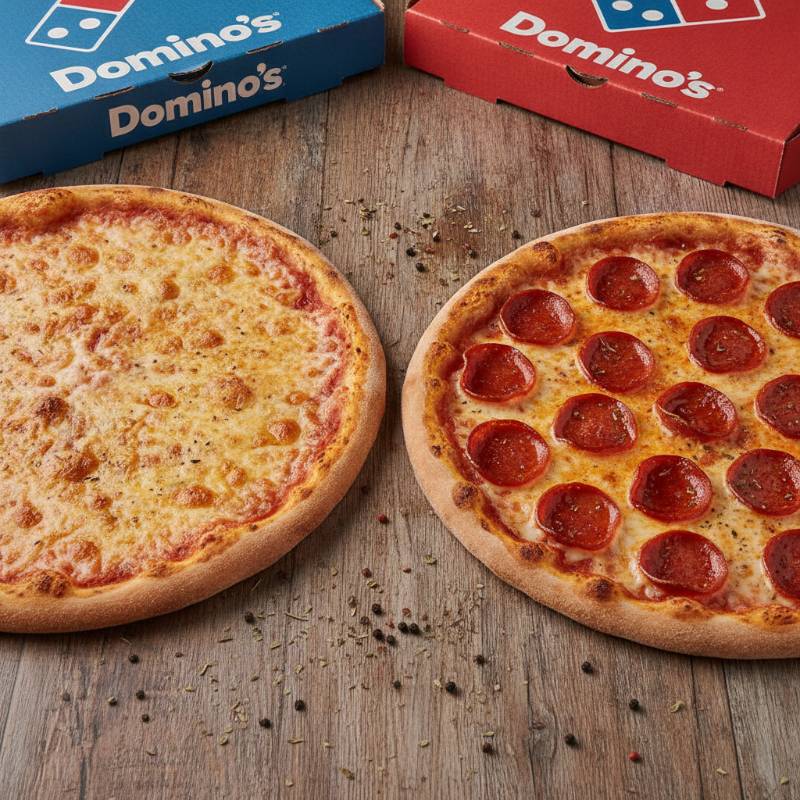 Domino's Pizza box and menu items on a wooden table