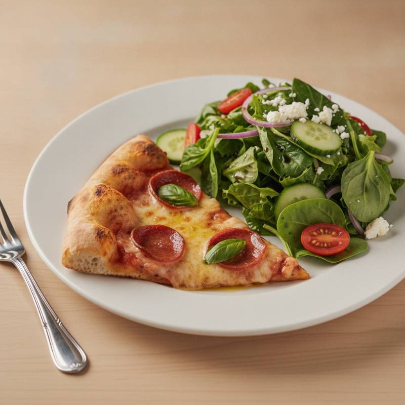 Balanced meal with a slice of pizza and a green salad