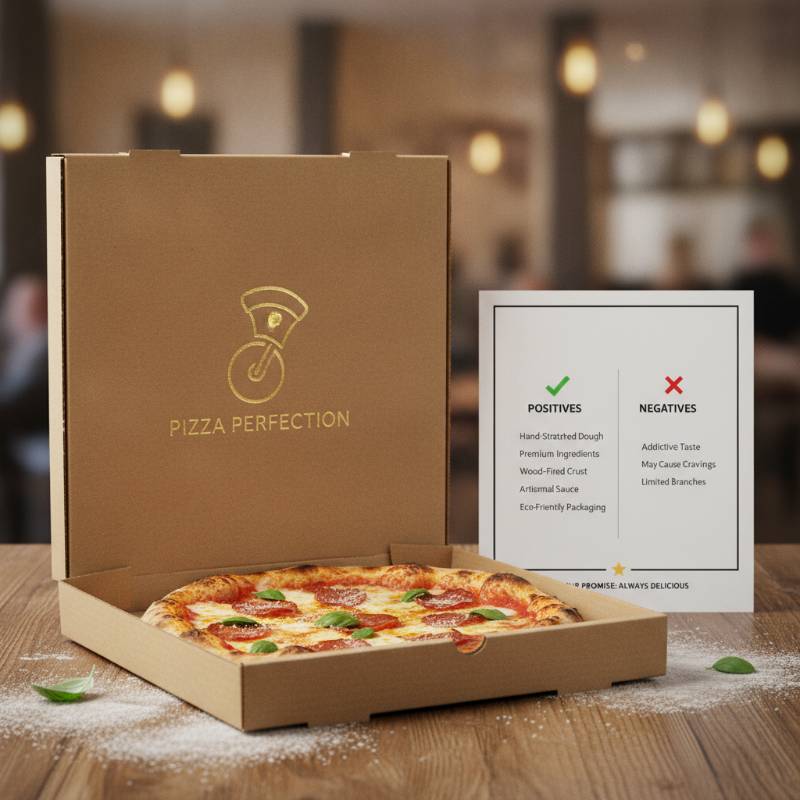 High quality fast food pizza box with pros and cons icons