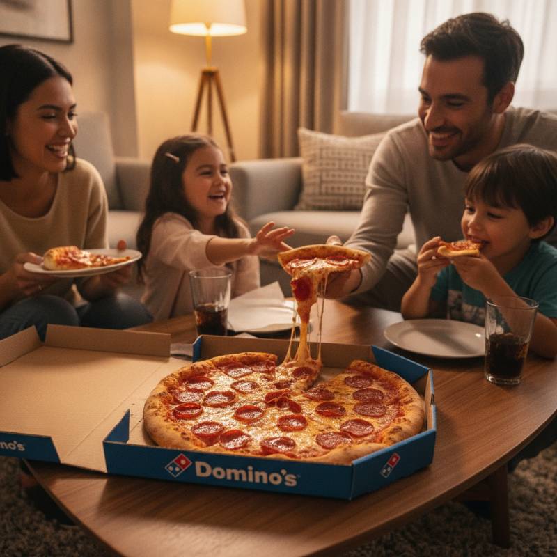 A happy family sharing a Domino's pizza at home
