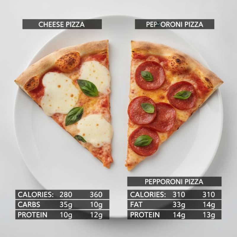 A clean table showing calorie counts and fat grams for different pizza slices
