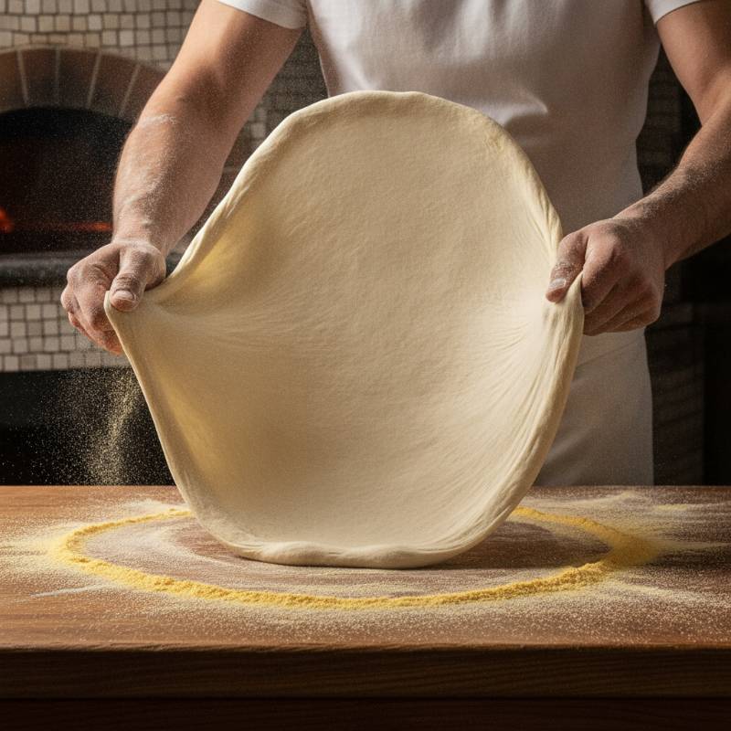A chef hand-stretching pizza dough on a floured surface with cornmeal dusting