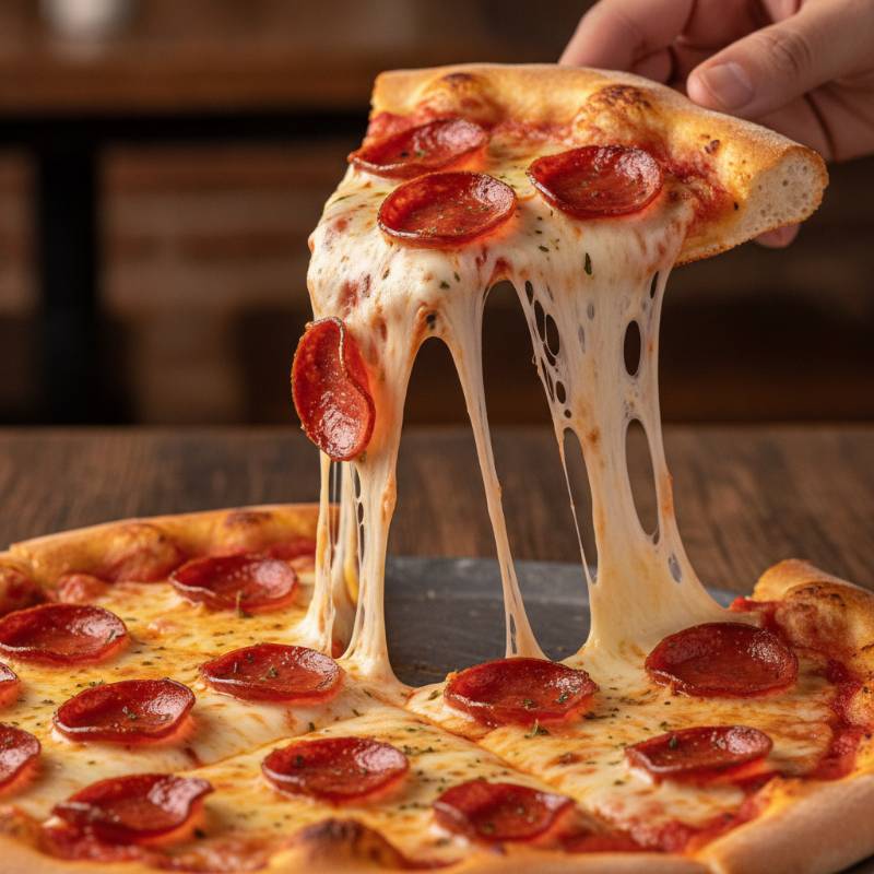 Close-up of melted mozzarella and provolone cheese on a pizza with pepperoni toppings