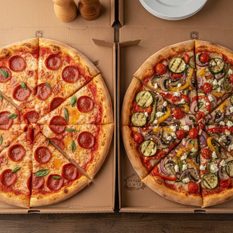 A 14-inch and a 16-inch pizza cut into six large triangular slices