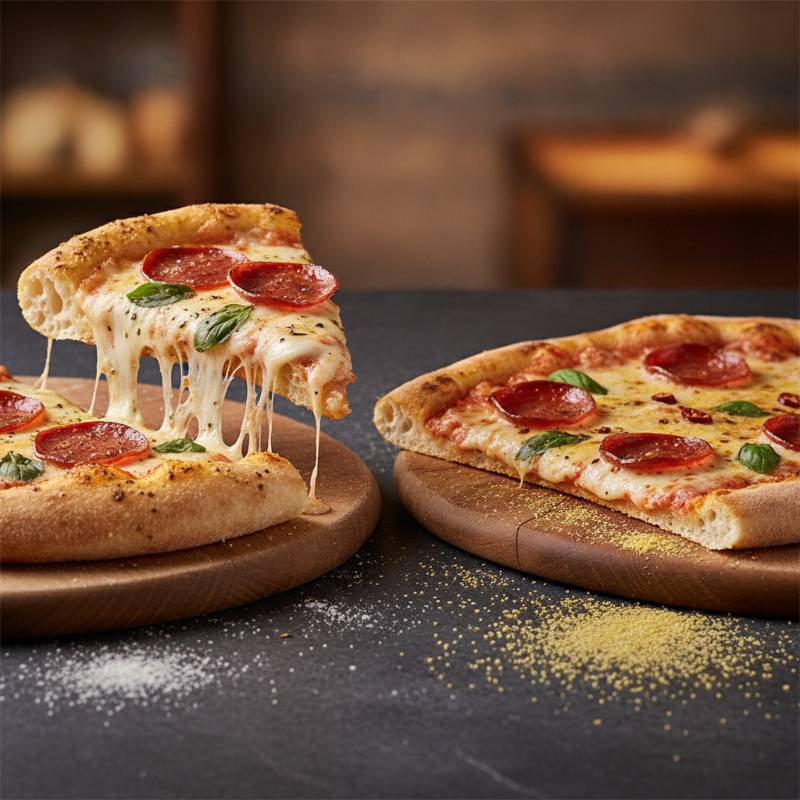 A side-by-side comparison of a thick hand-tossed pizza crust and a thin Brooklyn style pizza crust