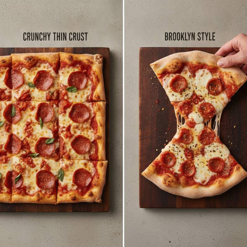 A cracker-thin square-cut pizza next to a foldable triangular Brooklyn style pizza slice