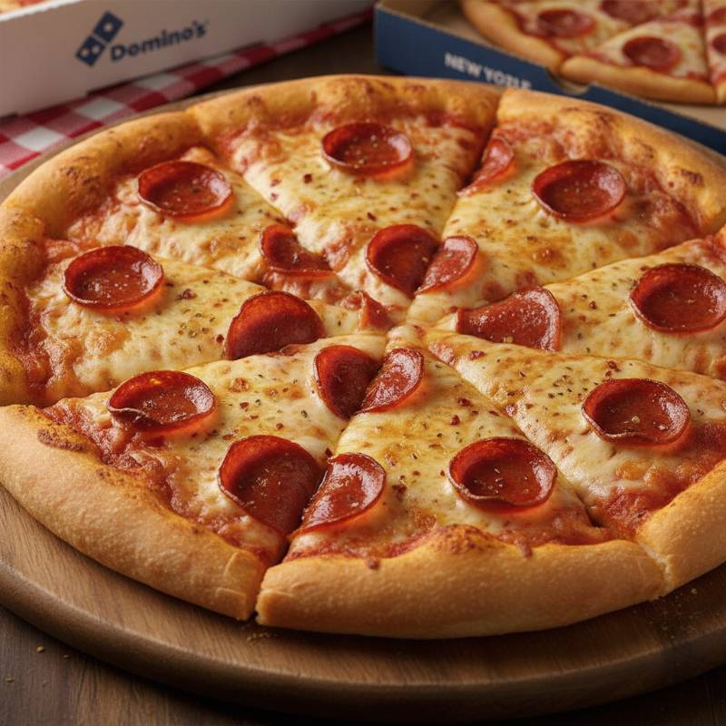 A Domino's New York Style pizza showing the slightly thicker crust and foldable slices