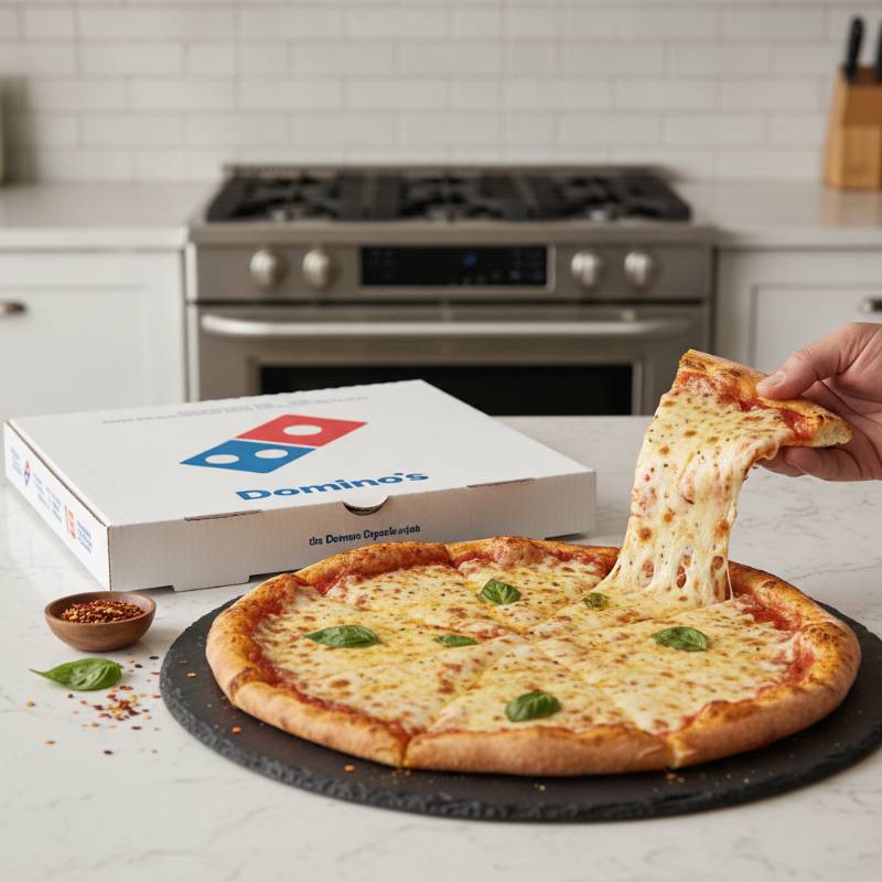 A Domino's pizza box on a counter showing the new New York Style branding