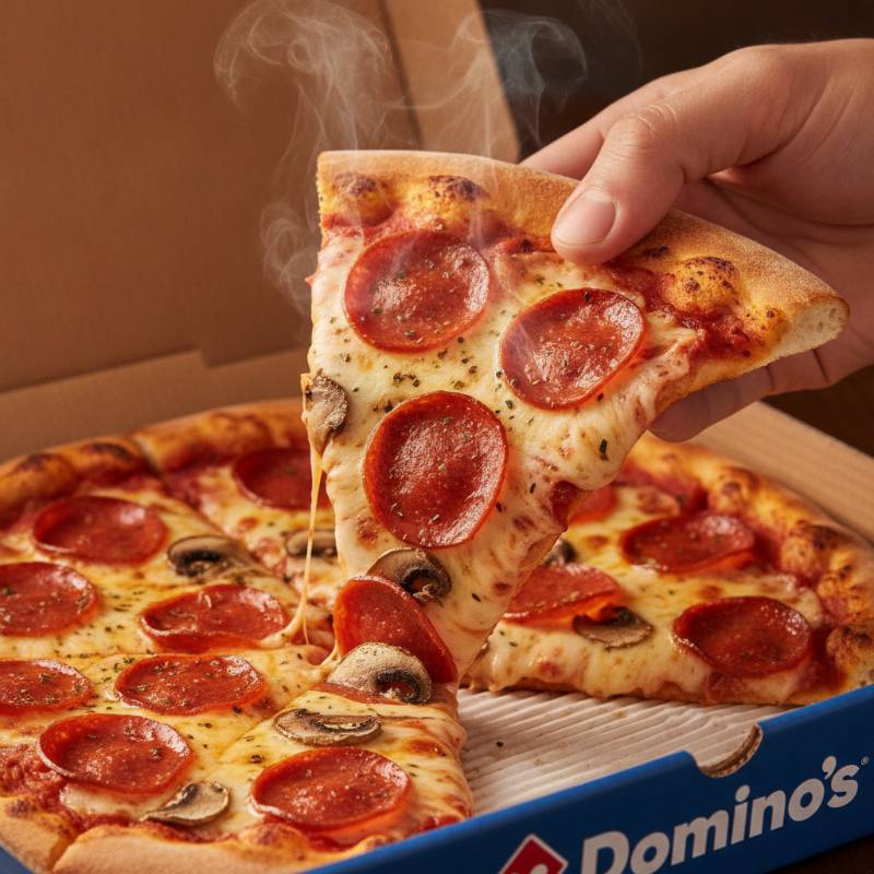 A person holding a folded slice of Domino's pizza, ready to take a bite